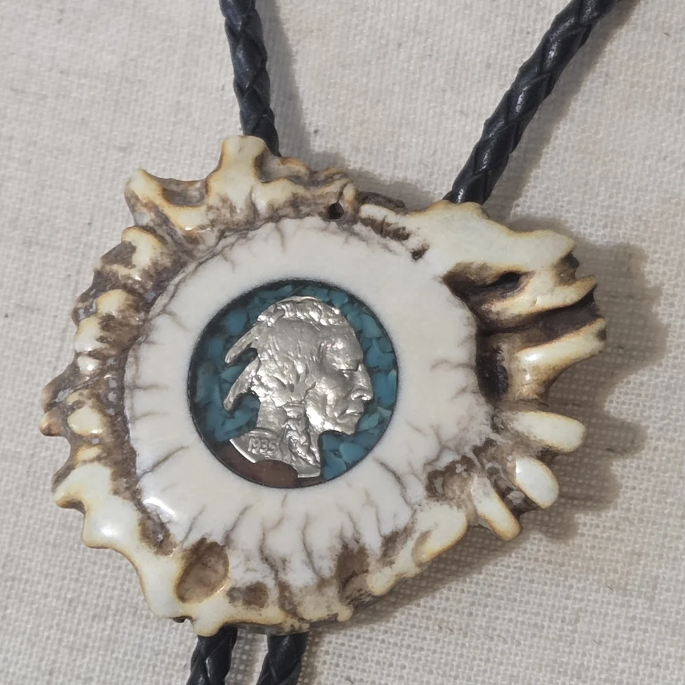 vtg antler bolo tie with buffalo head nickle tourqoise and coral leather cord